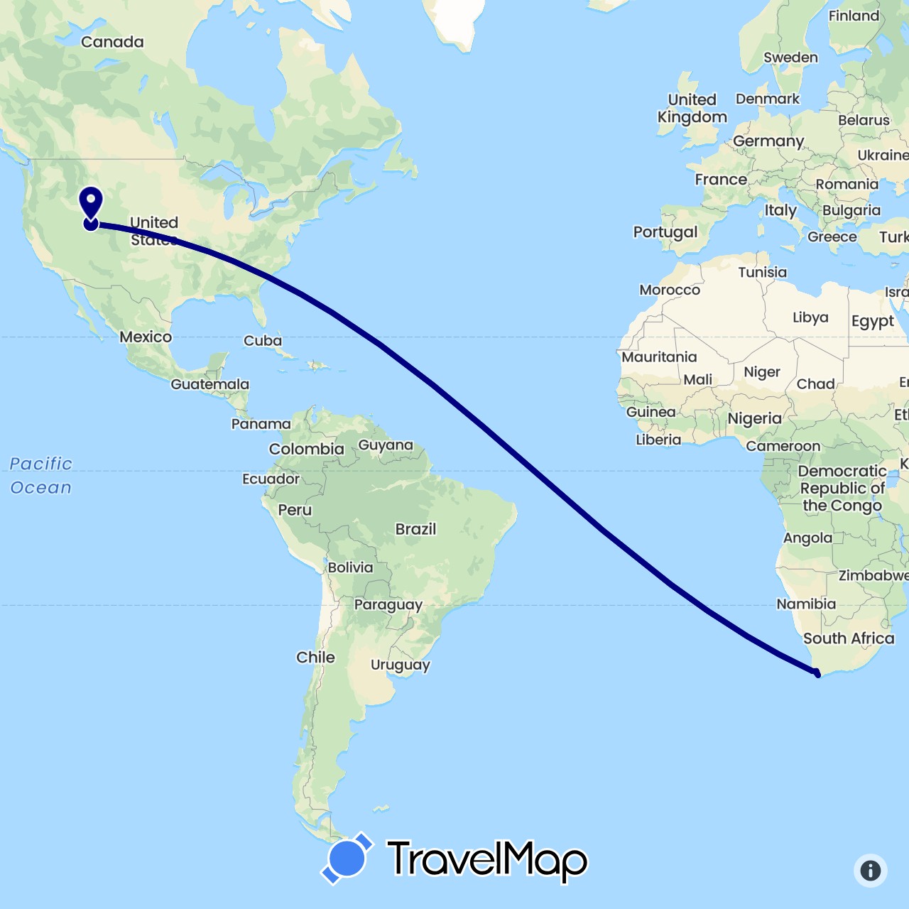 TravelMap itinerary: driving in United States, South Africa (Africa, North America)