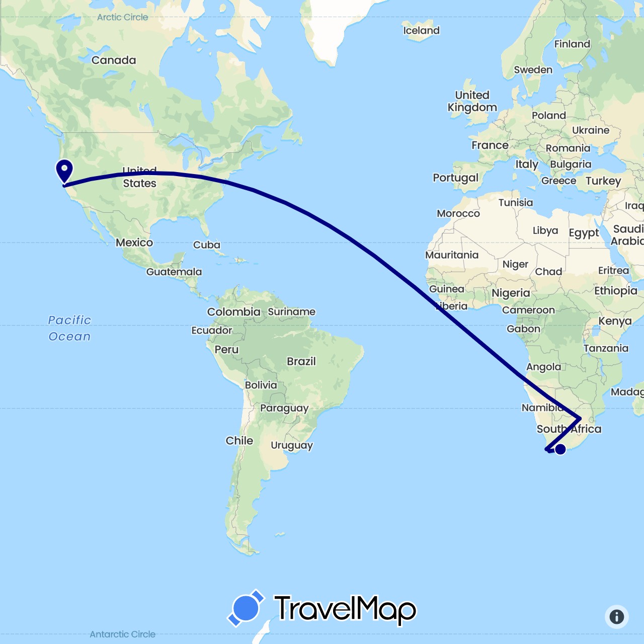 TravelMap itinerary: driving in United States, South Africa (Africa, North America)