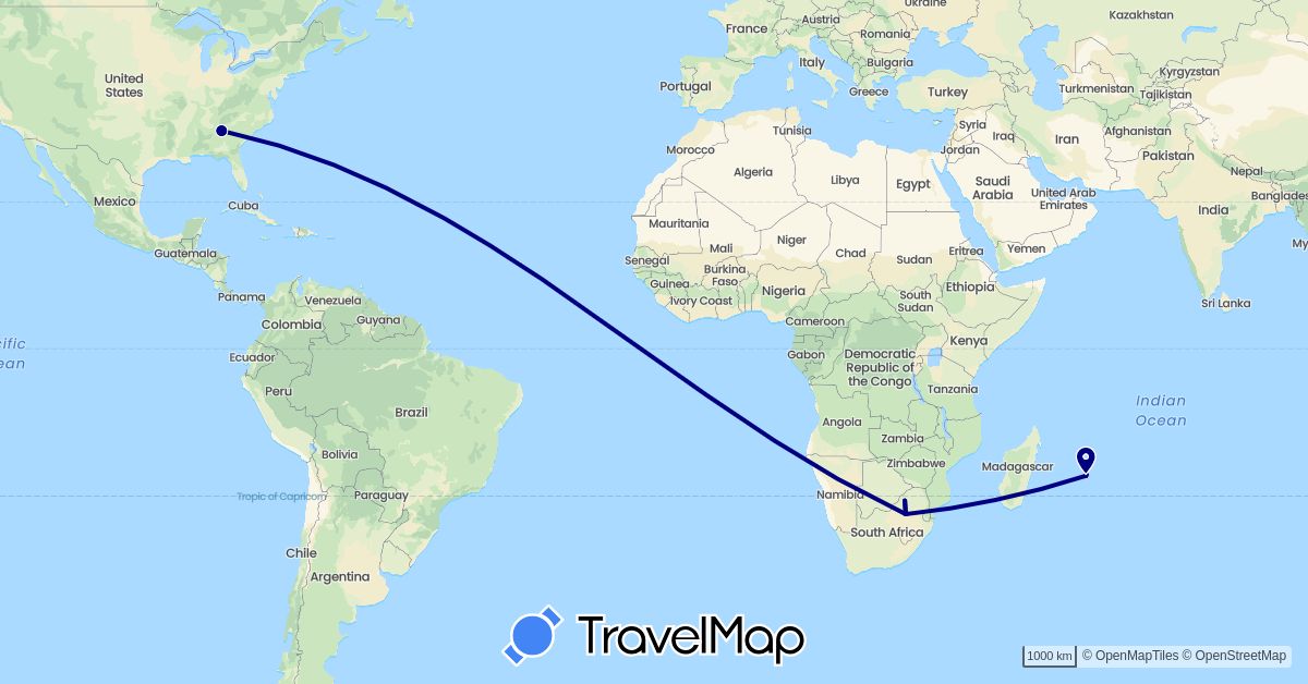 TravelMap itinerary: driving in Mauritius, United States, South Africa (Africa, North America)