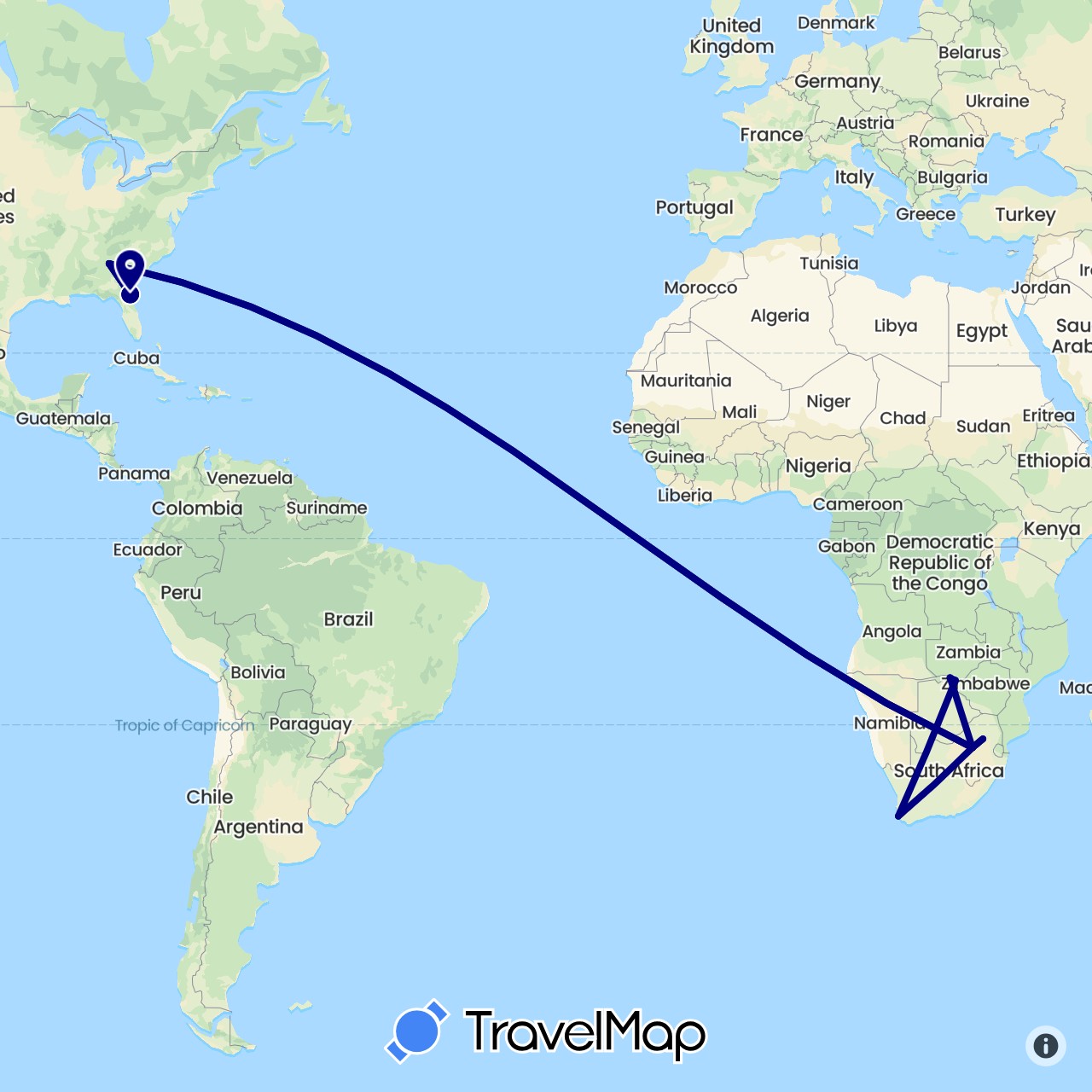TravelMap itinerary: driving in Botswana, Namibia, United States, South Africa, Zimbabwe (Africa, North America)