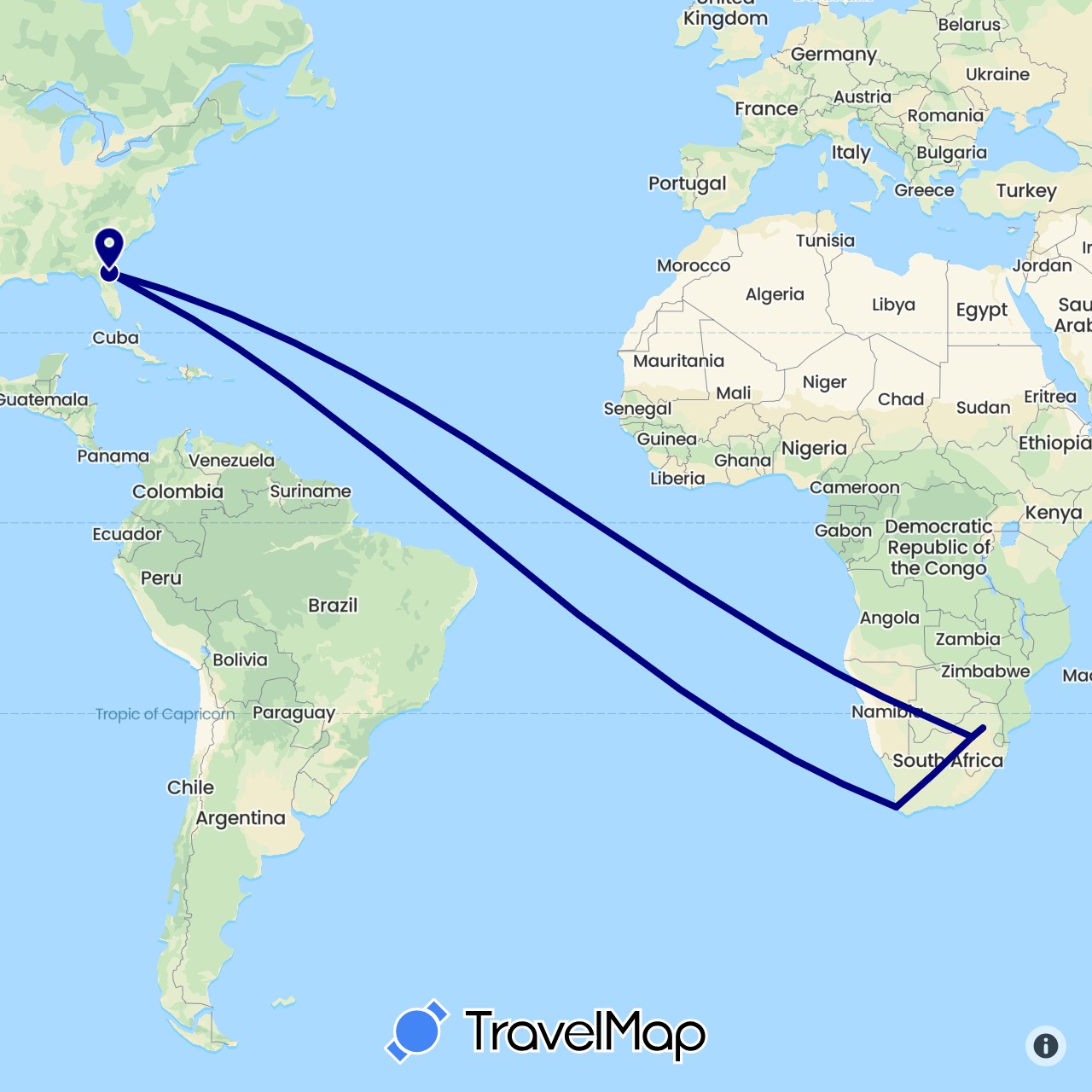 TravelMap itinerary: driving in United States, South Africa (Africa, North America)