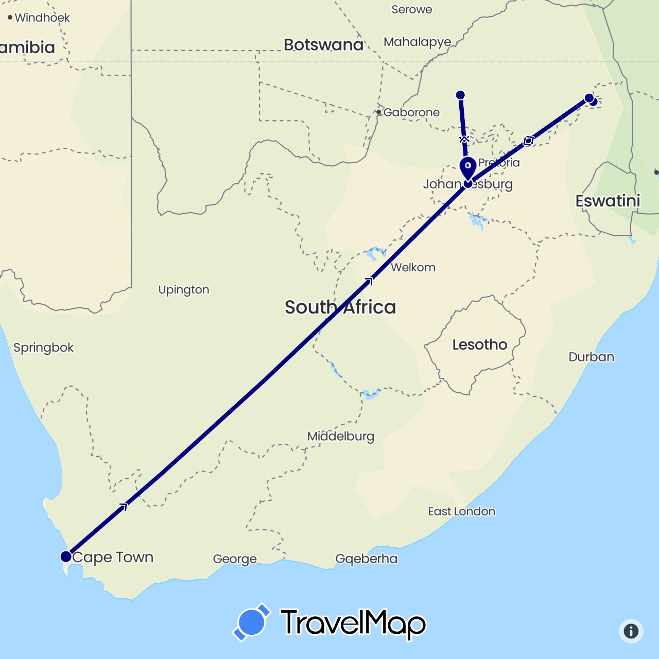 TravelMap itinerary: driving in South Africa (Africa)
