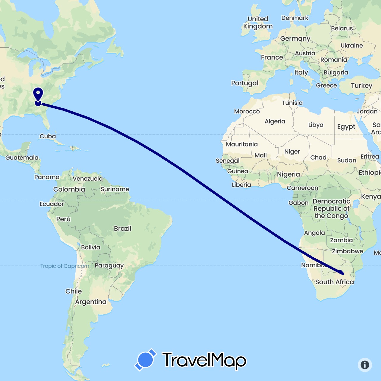 TravelMap itinerary: driving in United States, South Africa (Africa, North America)