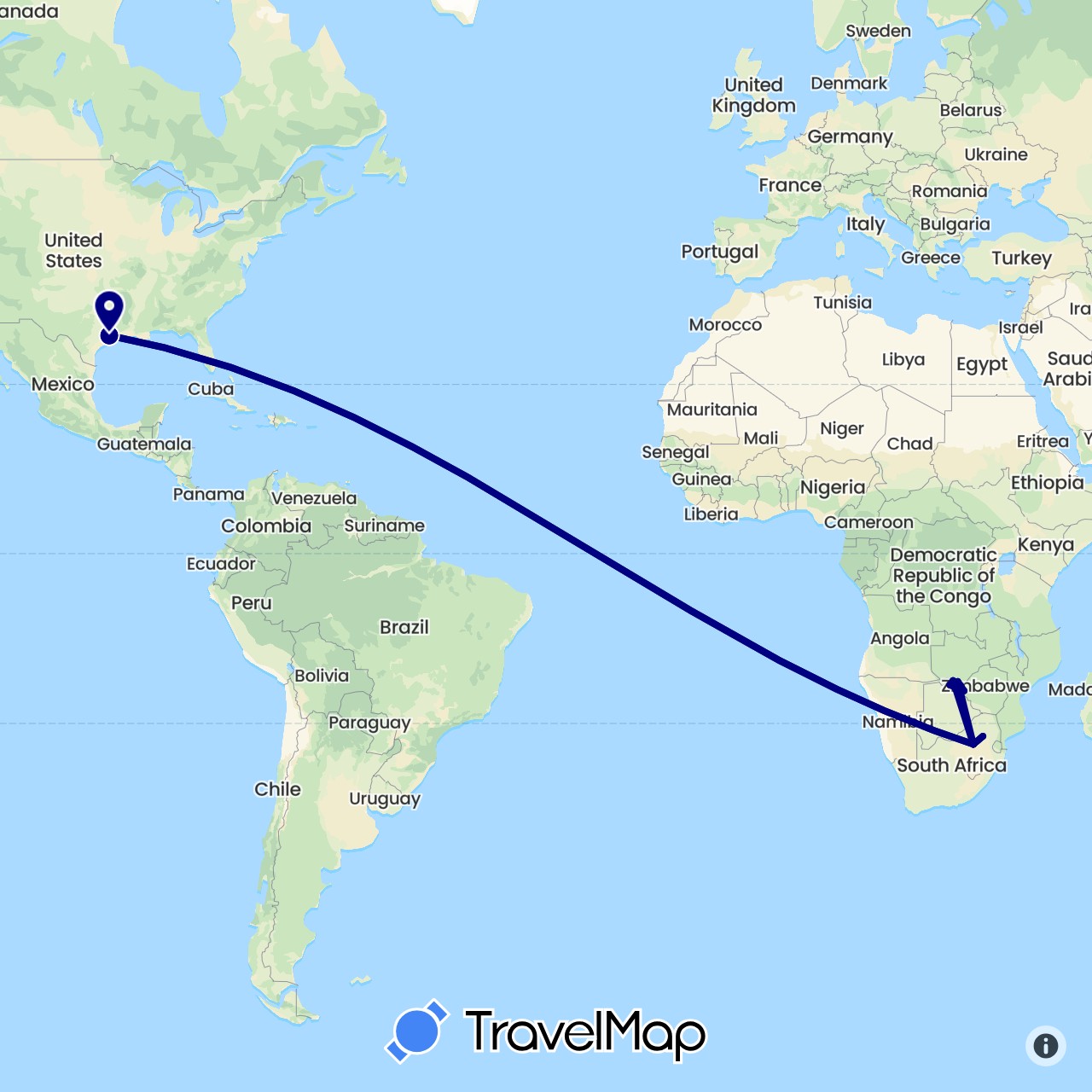 TravelMap itinerary: driving in Botswana, United States, South Africa, Zimbabwe (Africa, North America)