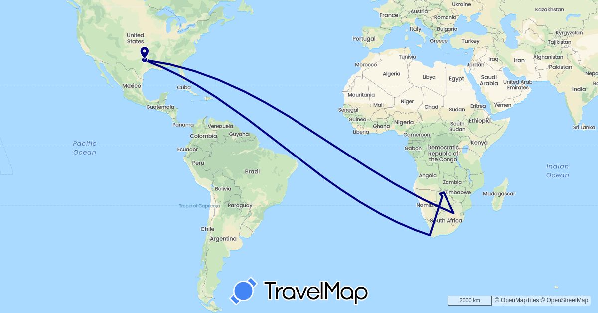 TravelMap itinerary: driving in Botswana, United States, South Africa (Africa, North America)