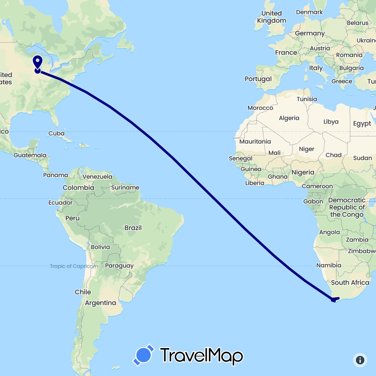 TravelMap itinerary: driving in United States, South Africa (Africa, North America)