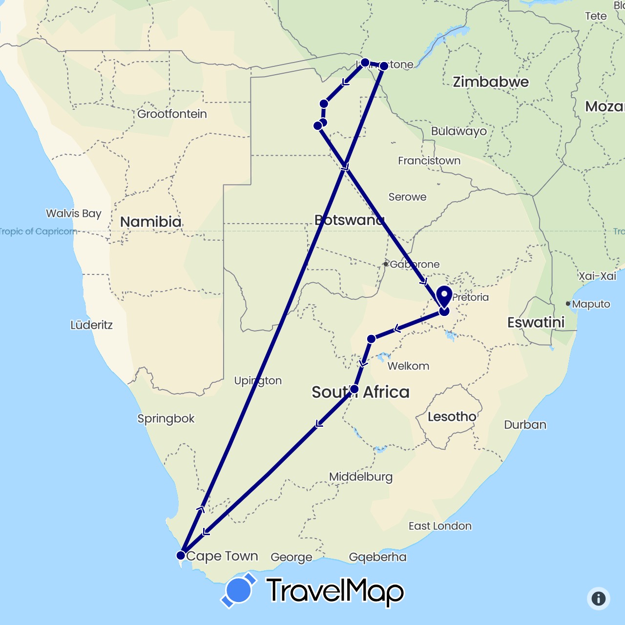 TravelMap itinerary: driving in Botswana, South Africa, Zimbabwe (Africa)