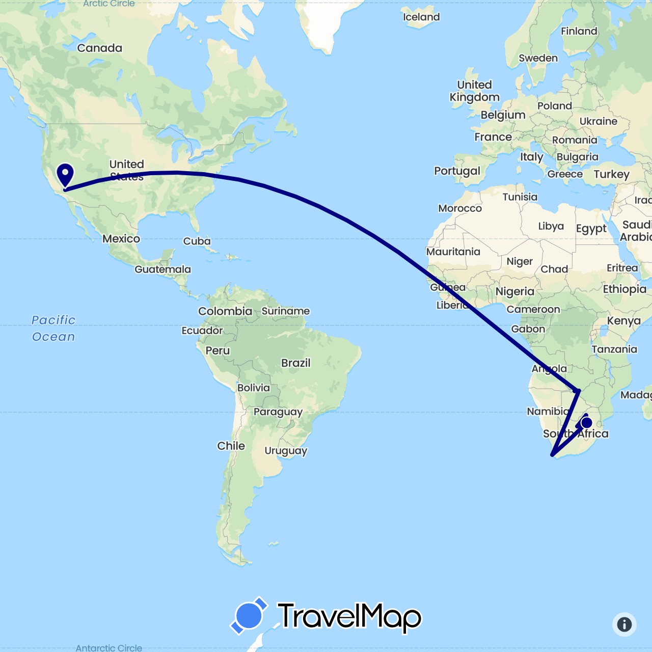 TravelMap itinerary: driving in Botswana, United States, South Africa, Zimbabwe (Africa, North America)