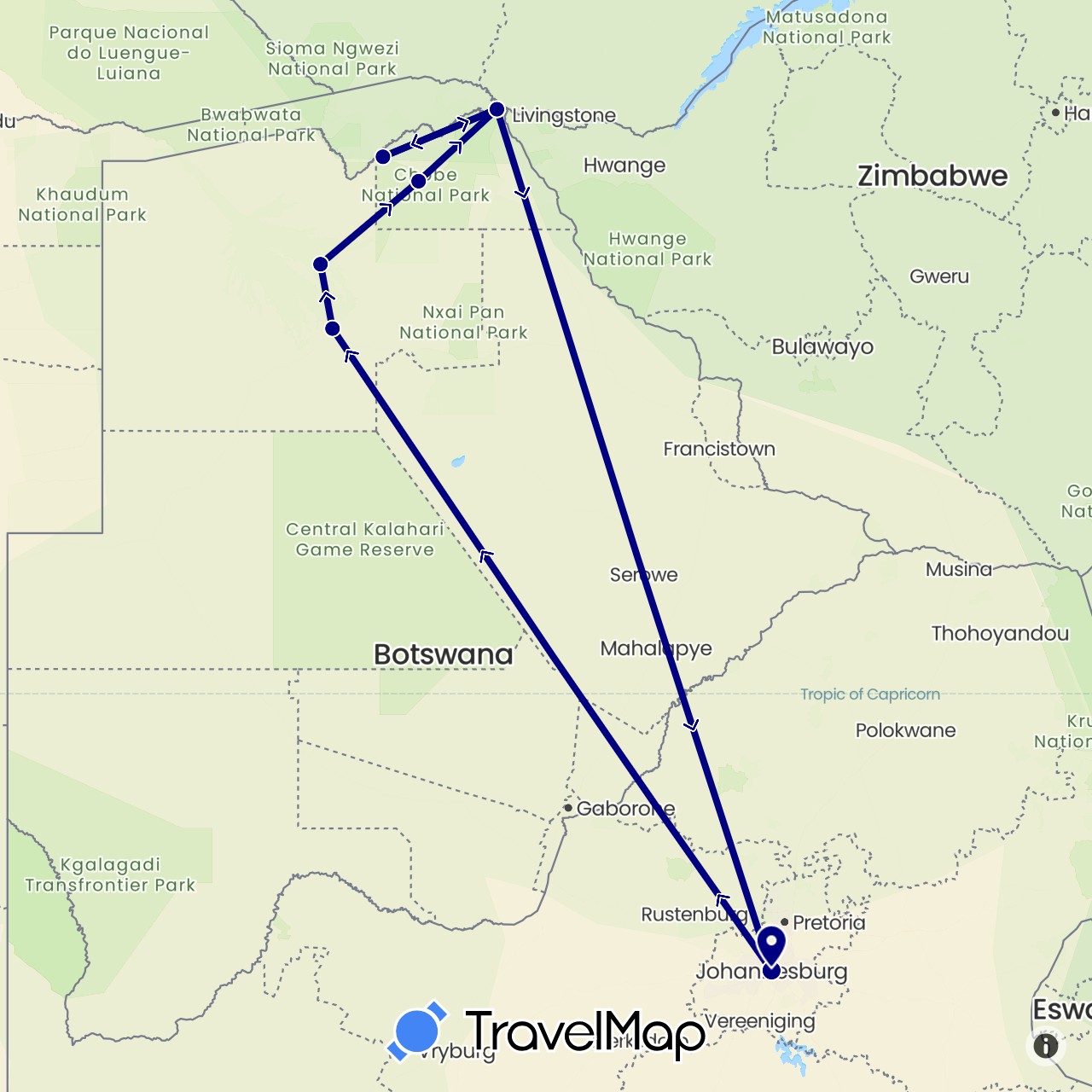 TravelMap itinerary: driving in Botswana, South Africa (Africa)