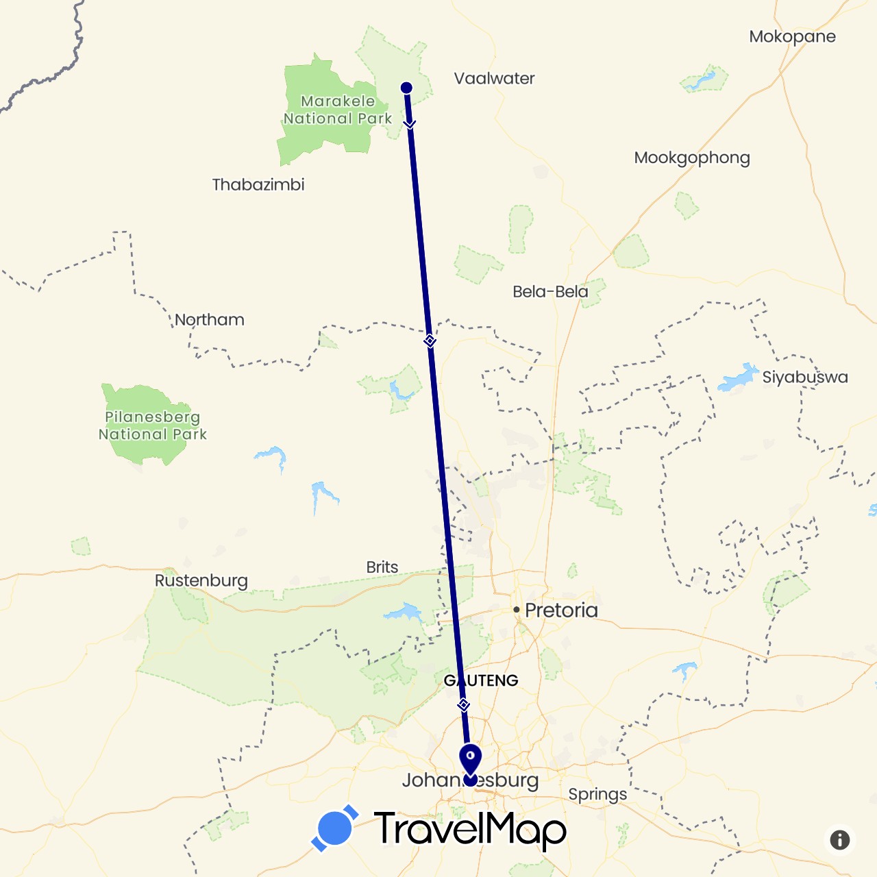 TravelMap itinerary: driving in South Africa (Africa)