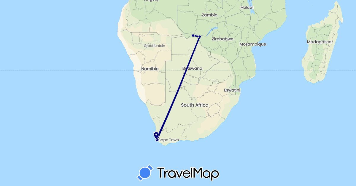 TravelMap itinerary: driving in Namibia, South Africa, Zimbabwe (Africa)
