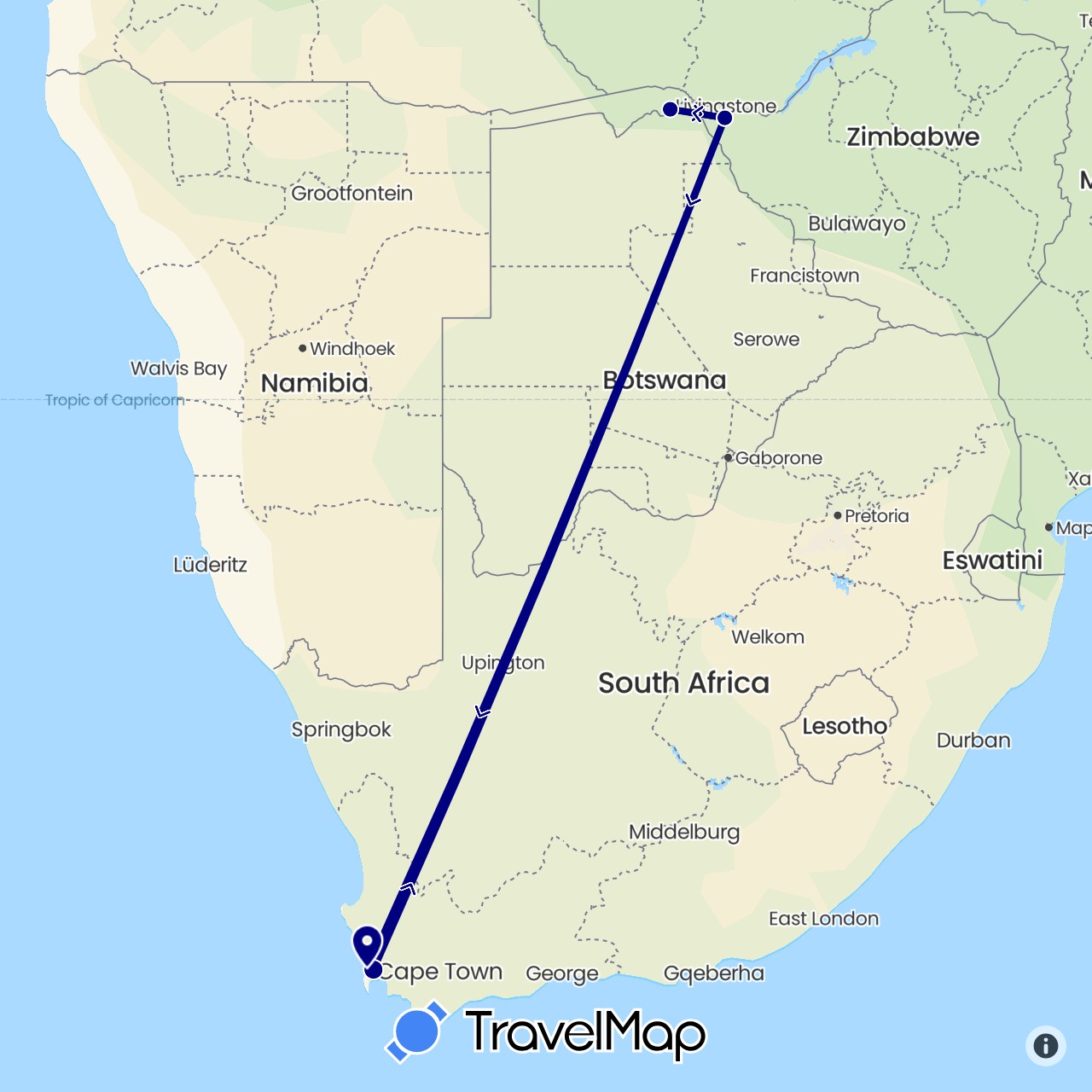 TravelMap itinerary: driving in Namibia, South Africa, Zimbabwe (Africa)
