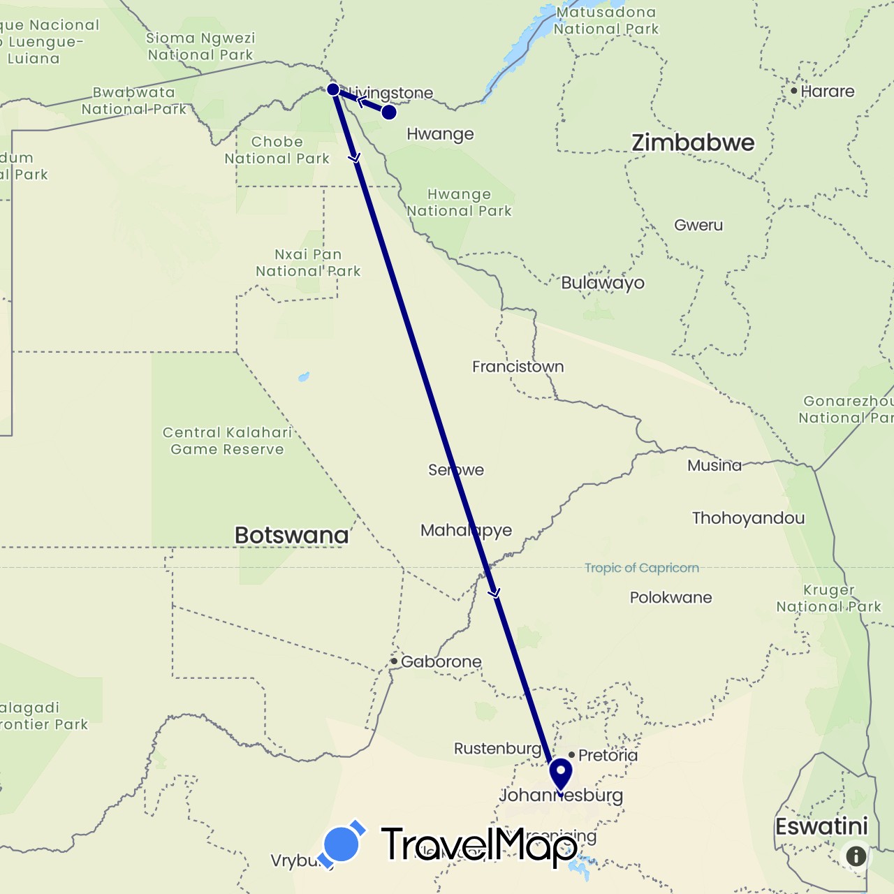 TravelMap itinerary: driving in Botswana, South Africa, Zimbabwe (Africa)