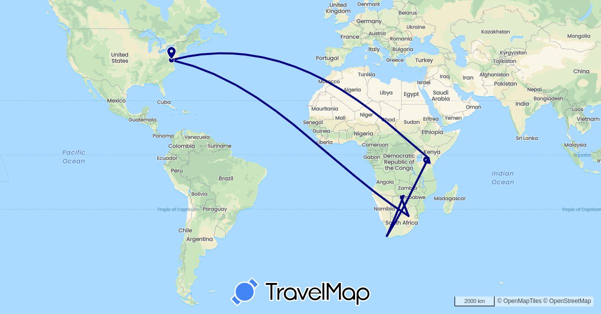 TravelMap itinerary: driving in Botswana, Kenya, Tanzania, United States, South Africa, Zimbabwe (Africa, North America)