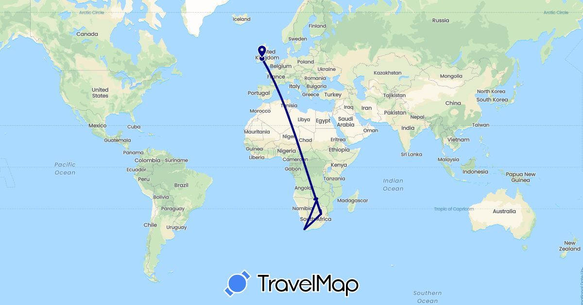 TravelMap itinerary: driving in Botswana, Ireland, South Africa, Zimbabwe (Africa, Europe)