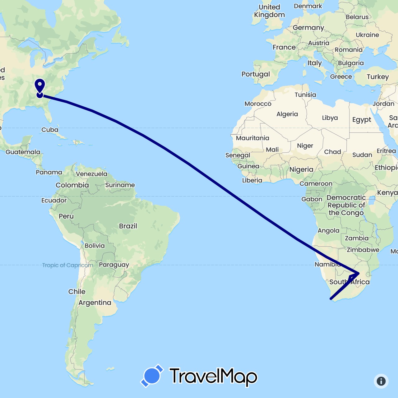 TravelMap itinerary: driving in United States, South Africa (Africa, North America)