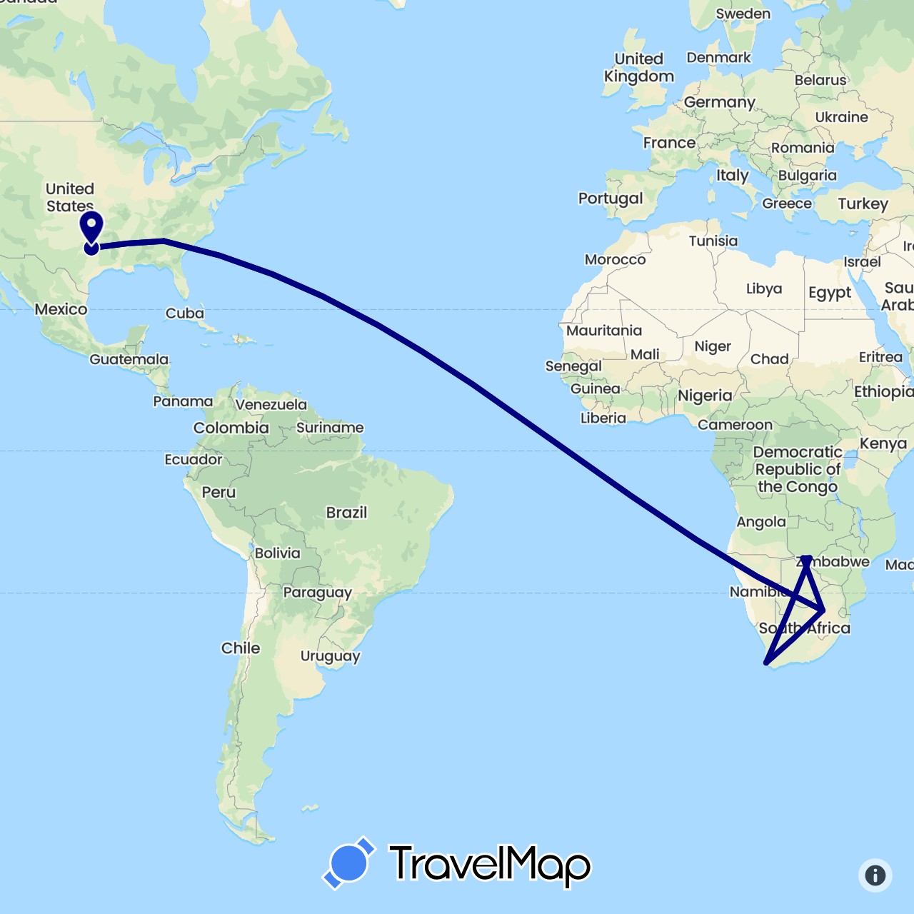 TravelMap itinerary: driving in Botswana, United States, South Africa, Zimbabwe (Africa, North America)