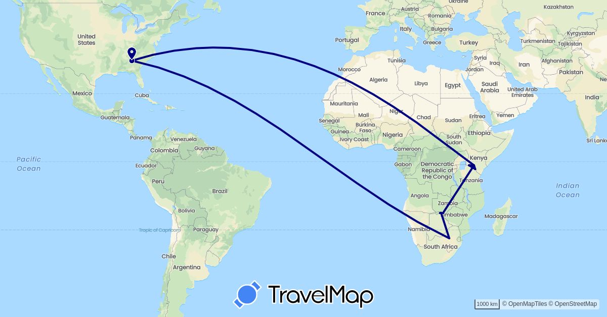 TravelMap itinerary: driving in Botswana, Kenya, Namibia, United States, South Africa, Zimbabwe (Africa, North America)