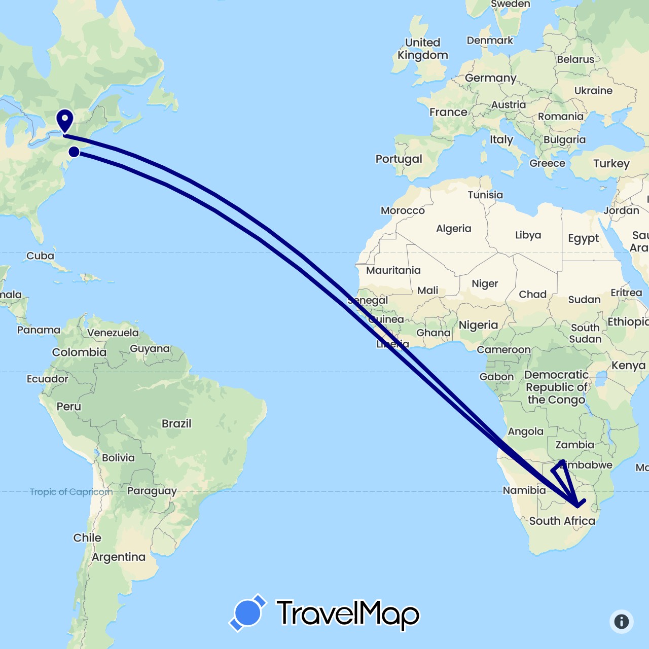TravelMap itinerary: driving in Botswana, United States, South Africa (Africa, North America)