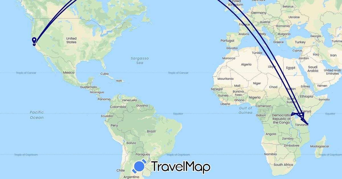 TravelMap itinerary: driving in Kenya, Tanzania, Uganda, United States (Africa, North America)