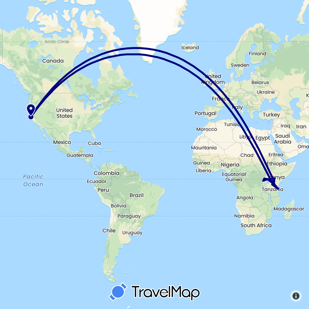 TravelMap itinerary: driving in Kenya, Tanzania, Uganda, United States (Africa, North America)