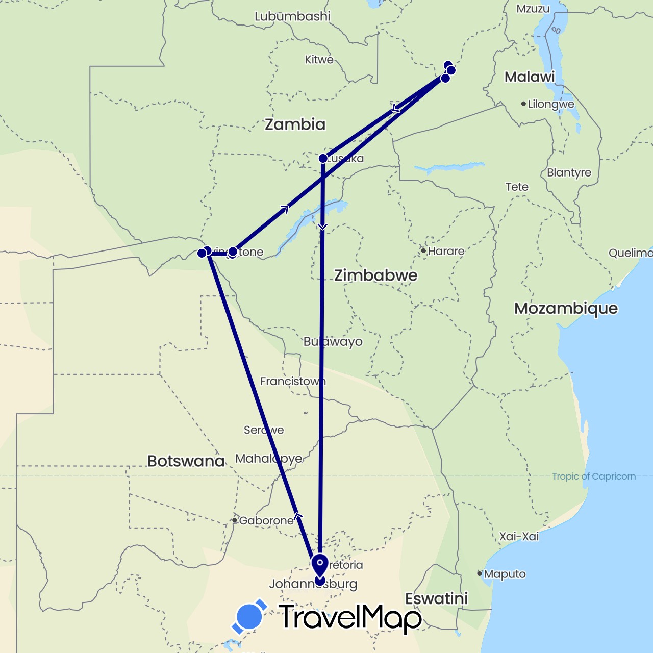 TravelMap itinerary: driving in Botswana, South Africa, Zambia, Zimbabwe (Africa)