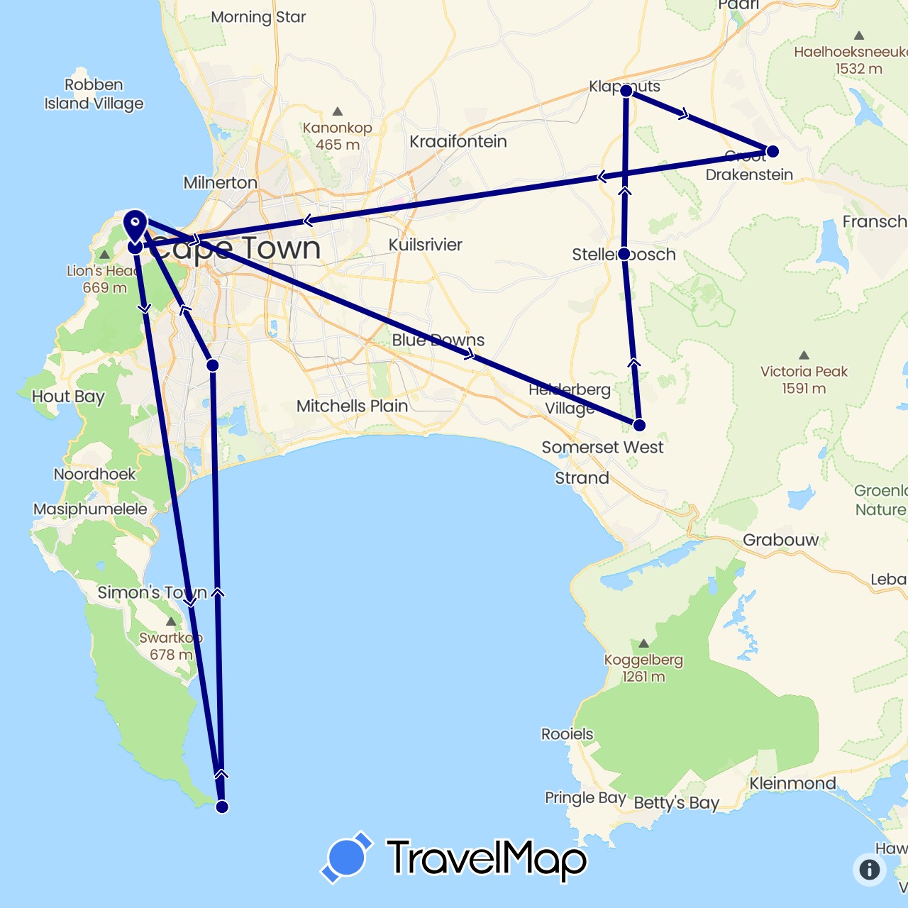 TravelMap itinerary: driving in South Africa (Africa)