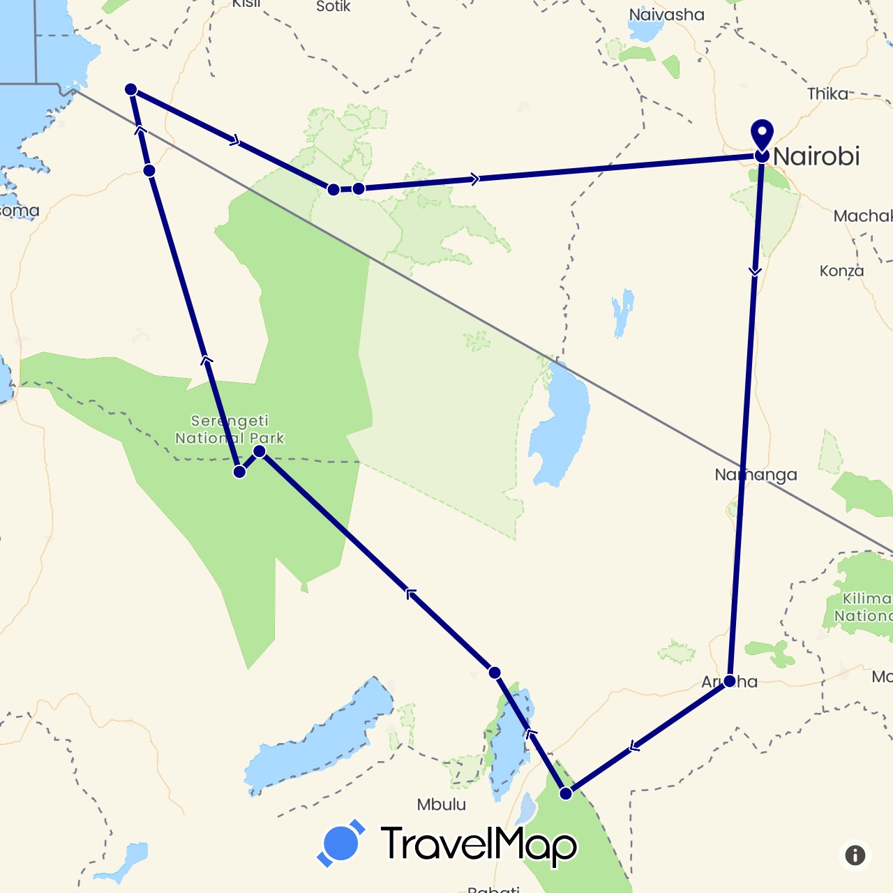 TravelMap itinerary: driving in Kenya, Tanzania (Africa)