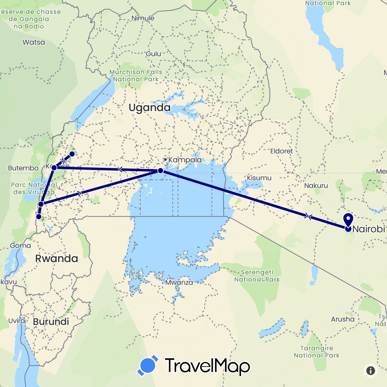 TravelMap itinerary: driving in Kenya, Uganda (Africa)