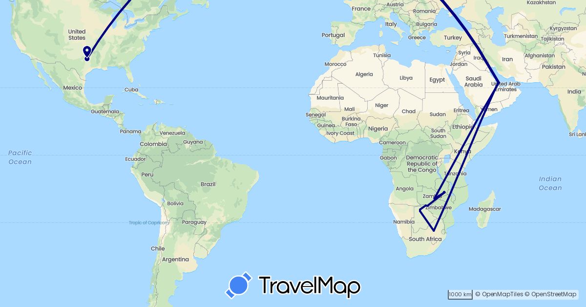 TravelMap itinerary: driving in Botswana, Qatar, United States, South Africa, Zambia, Zimbabwe (Africa, Asia, North America)