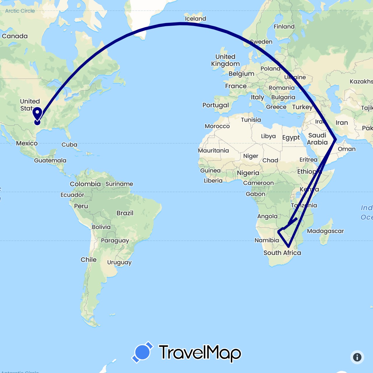 TravelMap itinerary: driving in Botswana, Qatar, United States, South Africa, Zambia, Zimbabwe (Africa, Asia, North America)