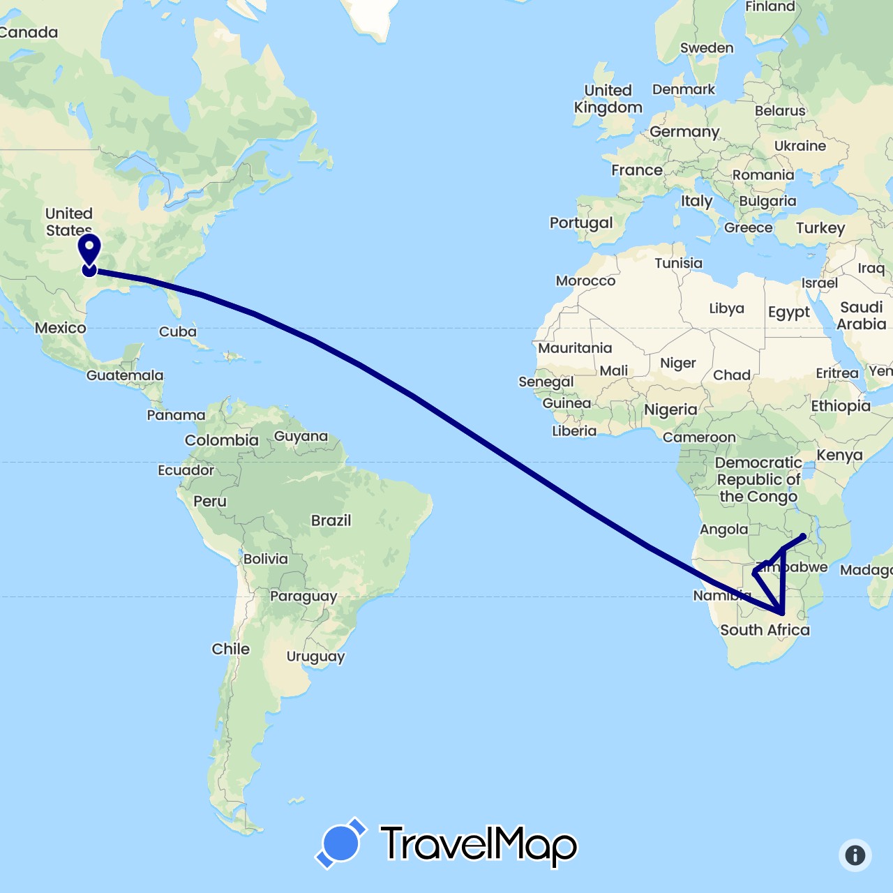 TravelMap itinerary: driving in Botswana, United States, South Africa, Zambia, Zimbabwe (Africa, North America)
