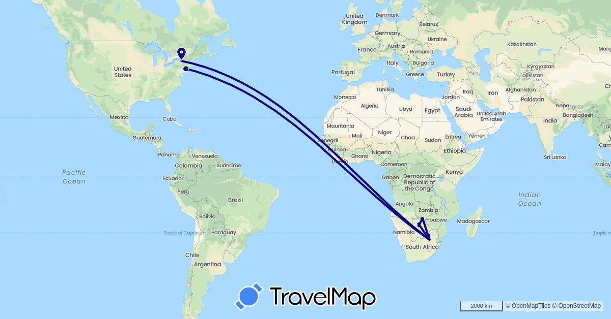 TravelMap itinerary: driving in Botswana, United States, South Africa (Africa, North America)