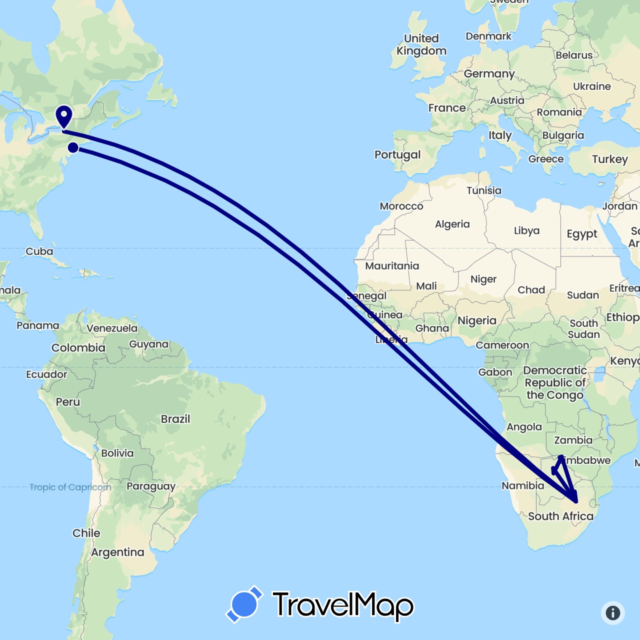 TravelMap itinerary: driving in Botswana, United States, South Africa (Africa, North America)