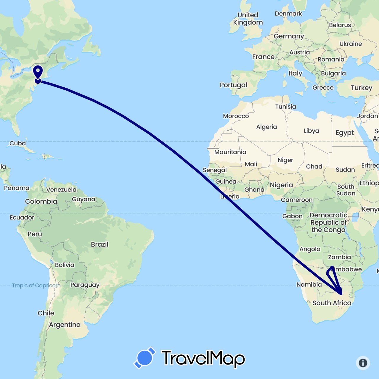 TravelMap itinerary: driving in Botswana, United States, South Africa (Africa, North America)