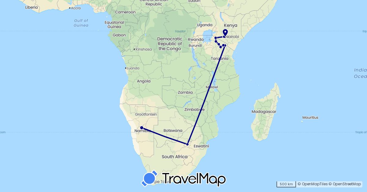 TravelMap itinerary: driving in Kenya, Namibia, Tanzania, South Africa (Africa)