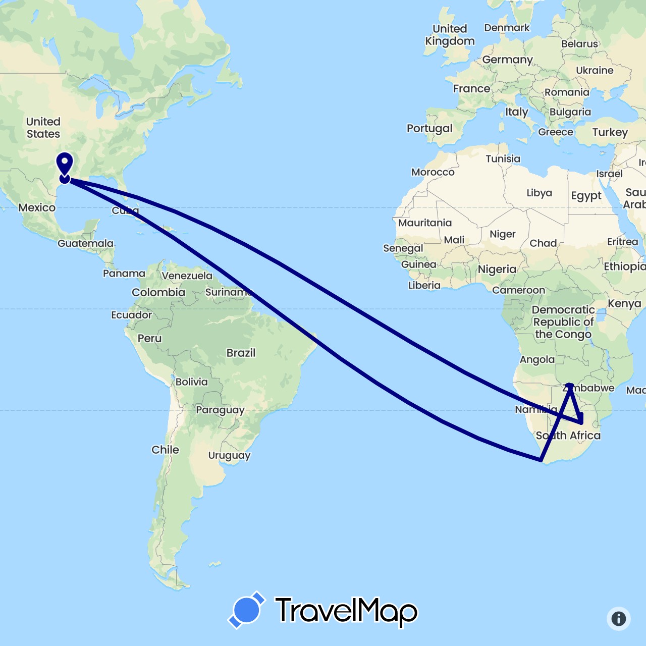TravelMap itinerary: driving in Botswana, United States, South Africa, Zimbabwe (Africa, North America)