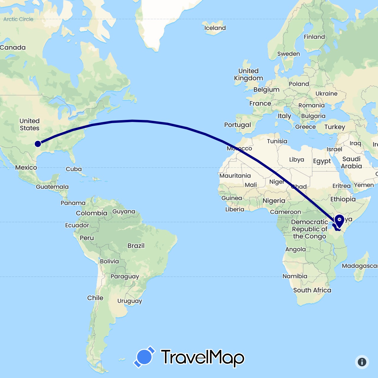 TravelMap itinerary: driving in Kenya, Tanzania, United States (Africa, North America)