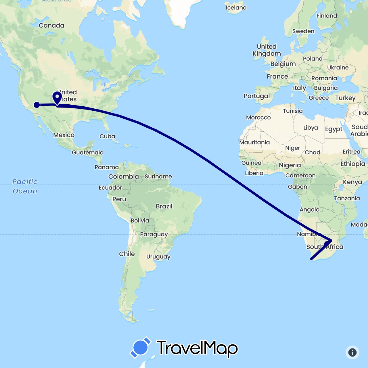 TravelMap itinerary: driving in United States, South Africa (Africa, North America)