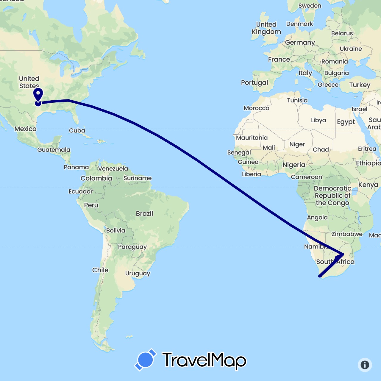 TravelMap itinerary: driving in United States, South Africa (Africa, North America)