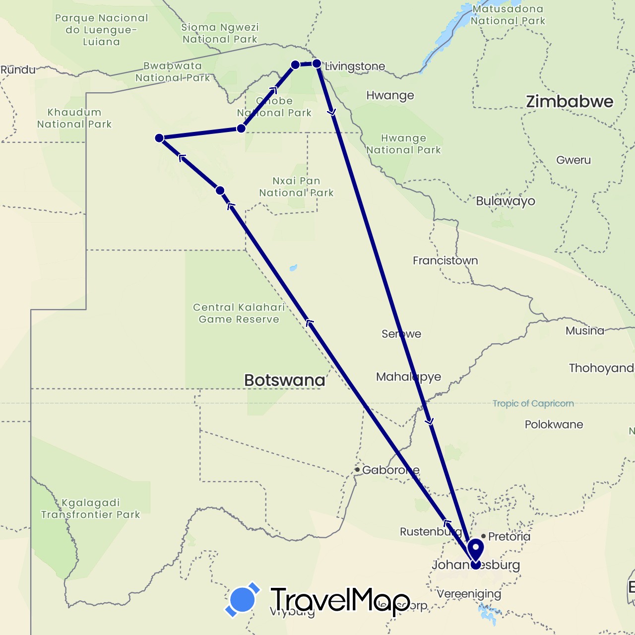 TravelMap itinerary: driving in Botswana, South Africa, Zambia (Africa)
