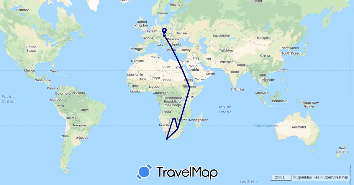 TravelMap itinerary: driving in Austria, Botswana, Ethiopia, South Africa, Zimbabwe (Africa, Europe)