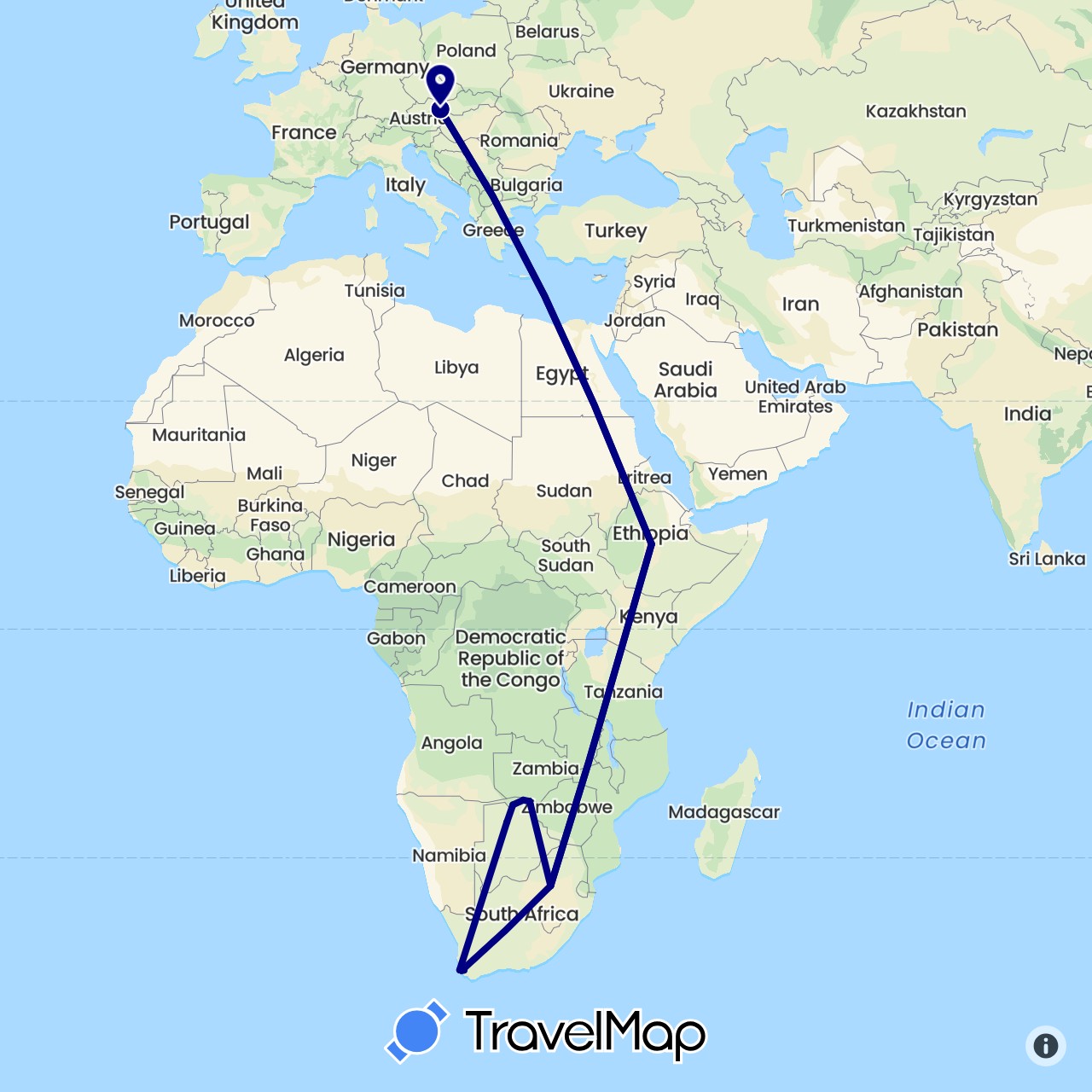 TravelMap itinerary: driving in Austria, Botswana, Ethiopia, South Africa, Zimbabwe (Africa, Europe)