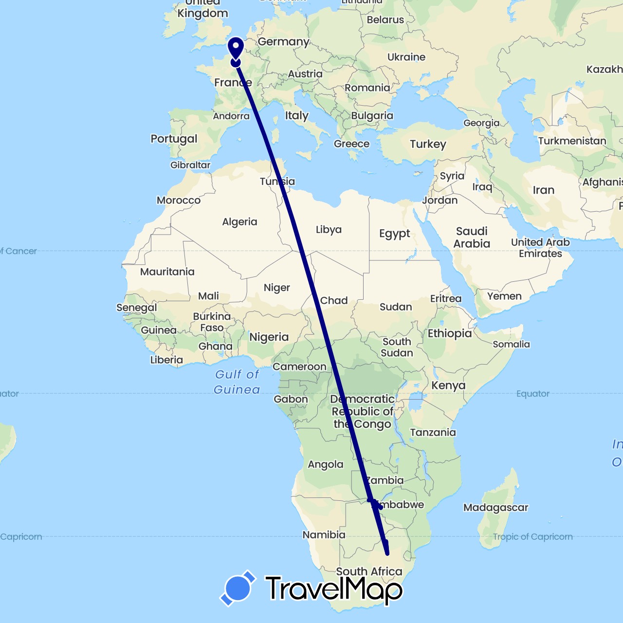TravelMap itinerary: driving in Botswana, France, South Africa, Zimbabwe (Africa, Europe)