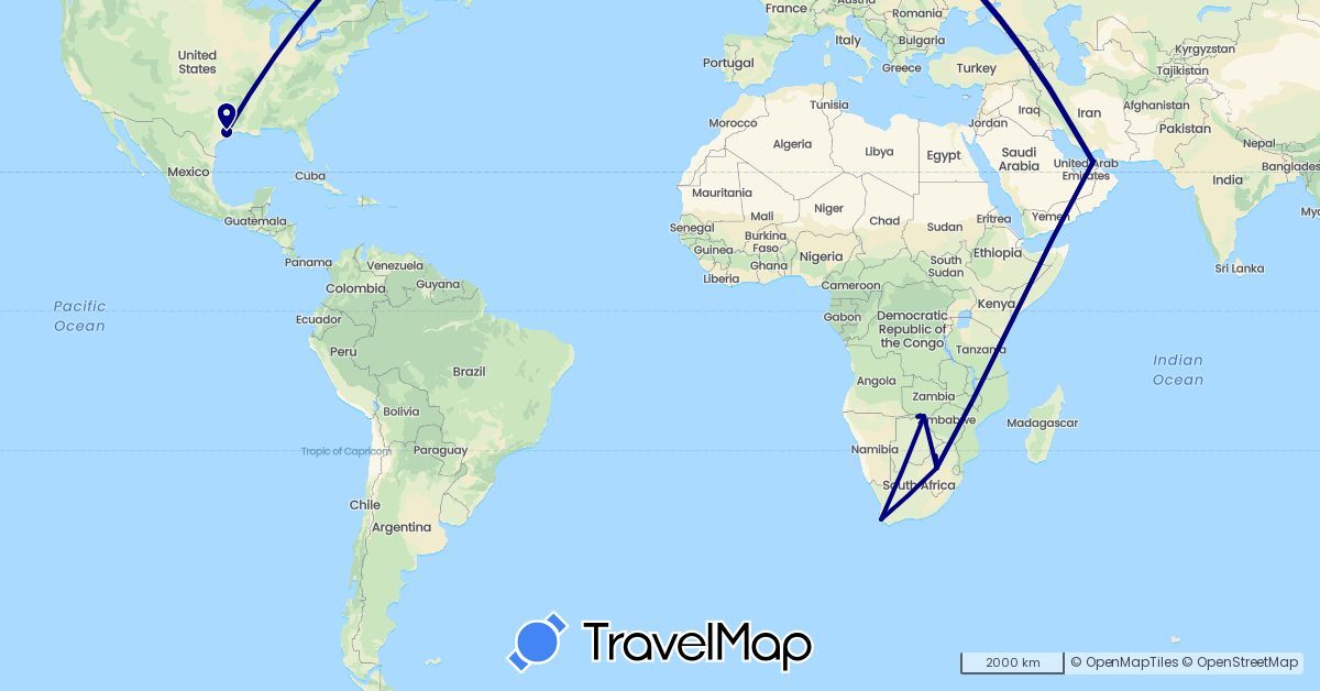 TravelMap itinerary: driving in United Arab Emirates, Botswana, United States, South Africa, Zimbabwe (Africa, Asia, North America)