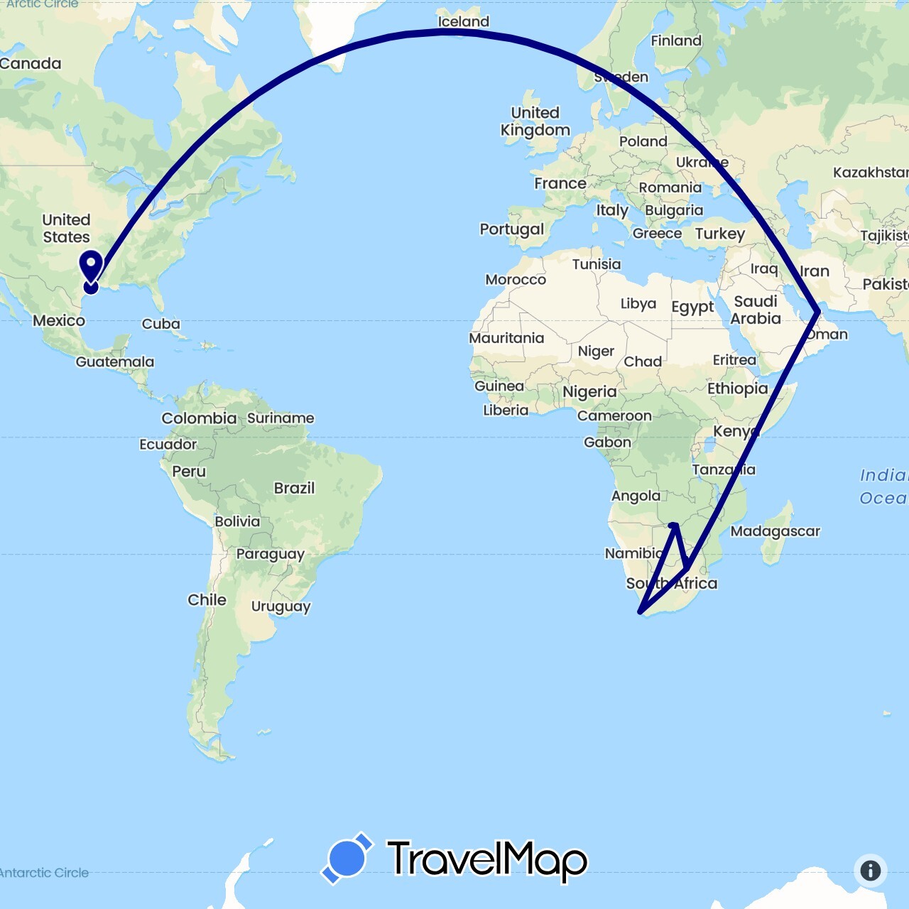 TravelMap itinerary: driving in United Arab Emirates, Botswana, United States, South Africa, Zimbabwe (Africa, Asia, North America)