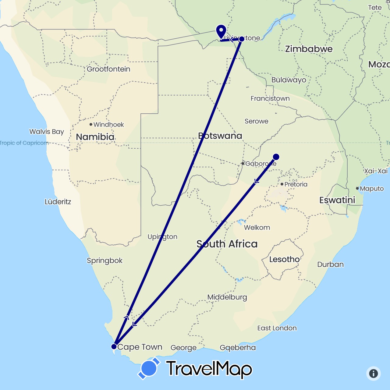 TravelMap itinerary: driving in Botswana, South Africa, Zimbabwe (Africa)