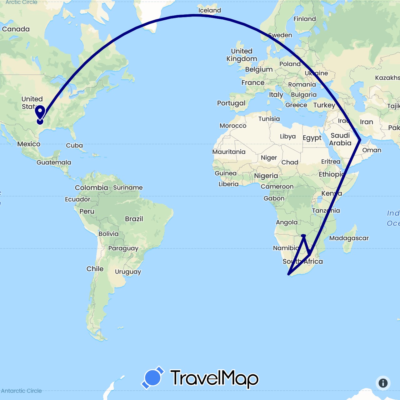 TravelMap itinerary: driving in Botswana, Qatar, United States, South Africa, Zimbabwe (Africa, Asia, North America)