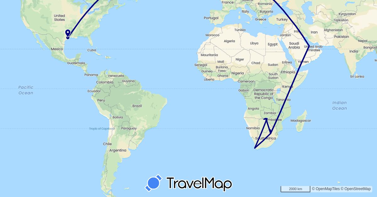 TravelMap itinerary: driving in Botswana, Qatar, United States, South Africa, Zimbabwe (Africa, Asia, North America)