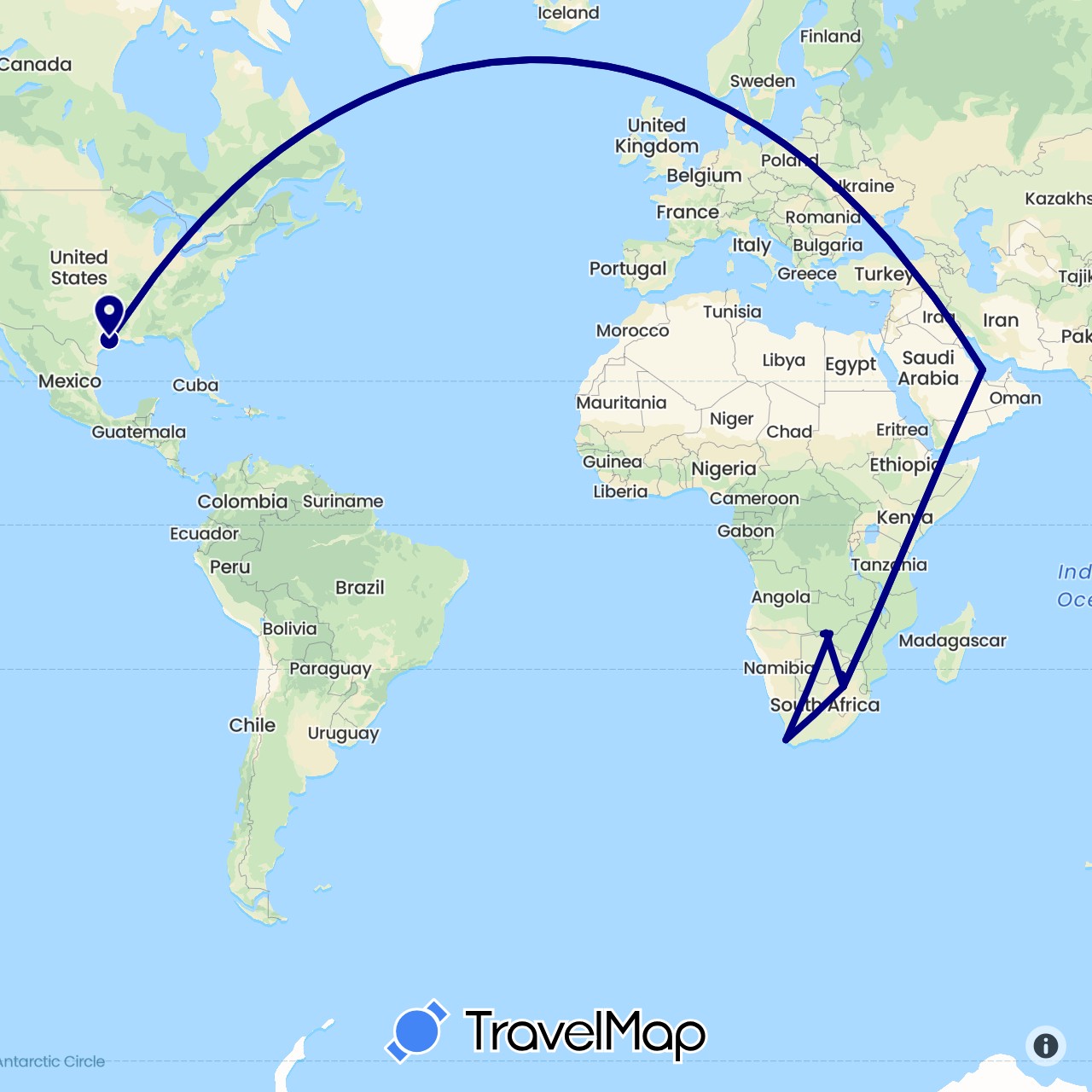 TravelMap itinerary: driving in Botswana, Qatar, United States, South Africa, Zimbabwe (Africa, Asia, North America)
